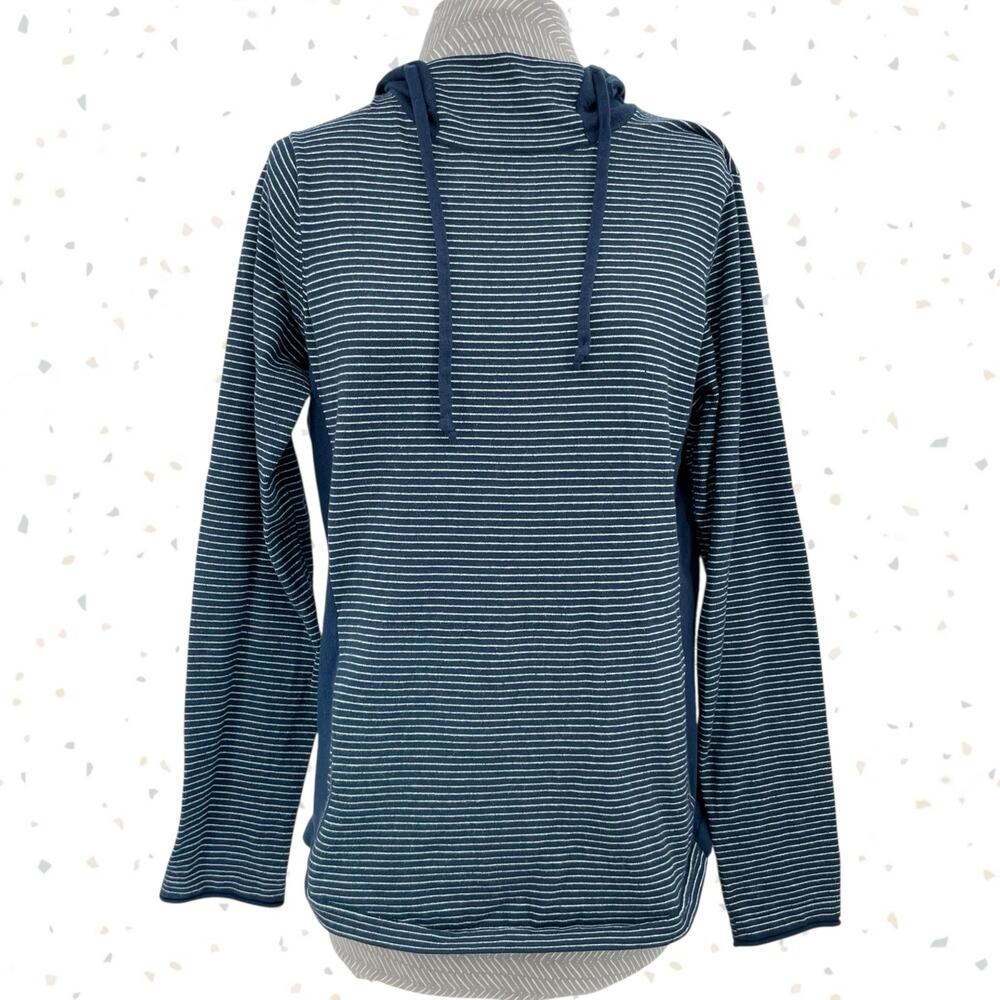 Duluth Trading S'no Sweat Hooded Sweater Navy Blue White Stripes Hoodie Size M